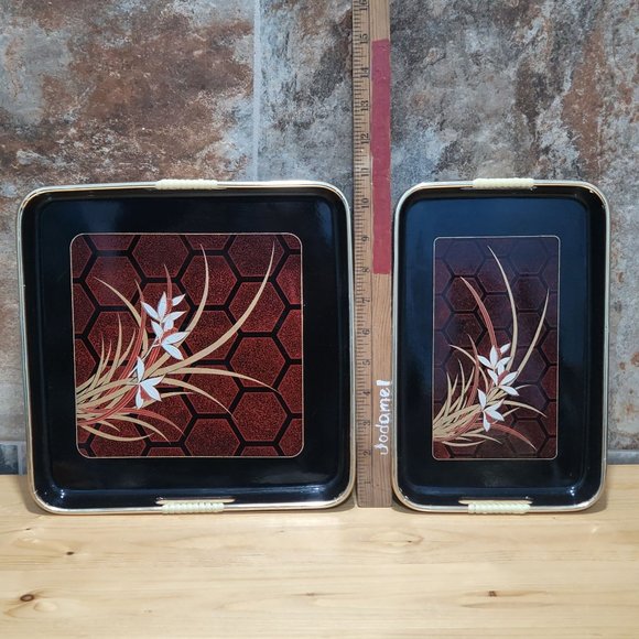 VTG Lacquer Beverage Serving Tray Barware Rectangular Square Black Enamel Floral - Picture 8 of 13